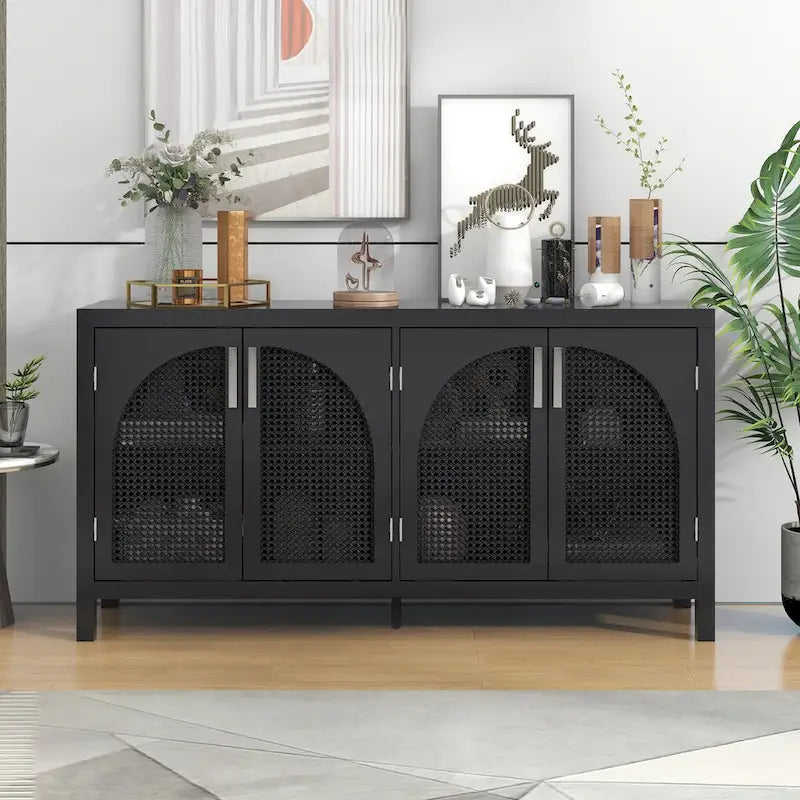 Sideboard with Artificial Rattan Door and Metal Handles for Living Room and Entryway