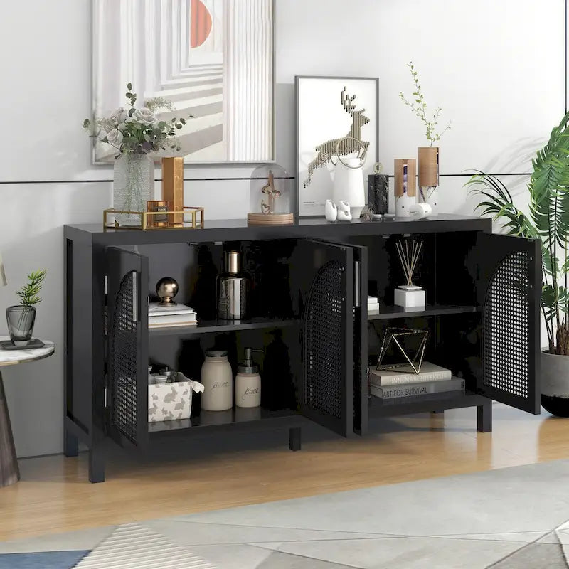 Sideboard with Artificial Rattan Door and Metal Handles for Living Room and Entryway