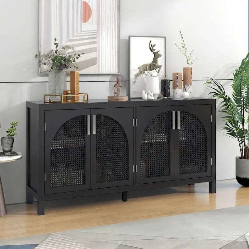 Sideboard with Artificial Rattan Door and Metal Handles for Living Room and Entryway