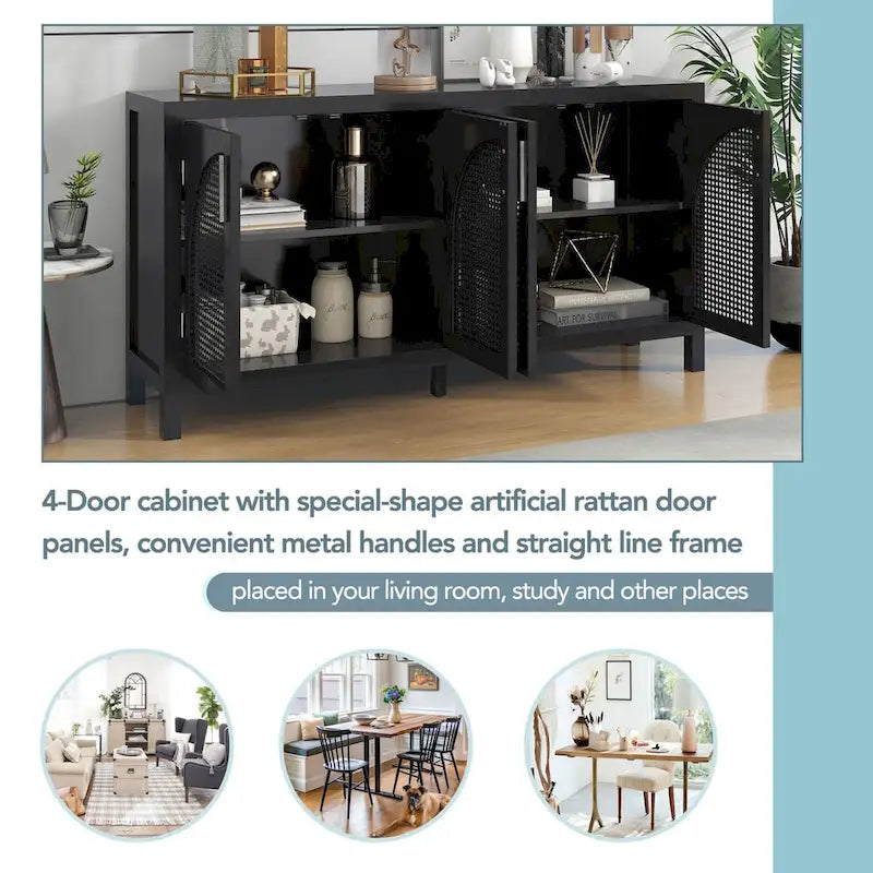 Sideboard with Artificial Rattan Door and Metal Handles for Living Room and Entryway