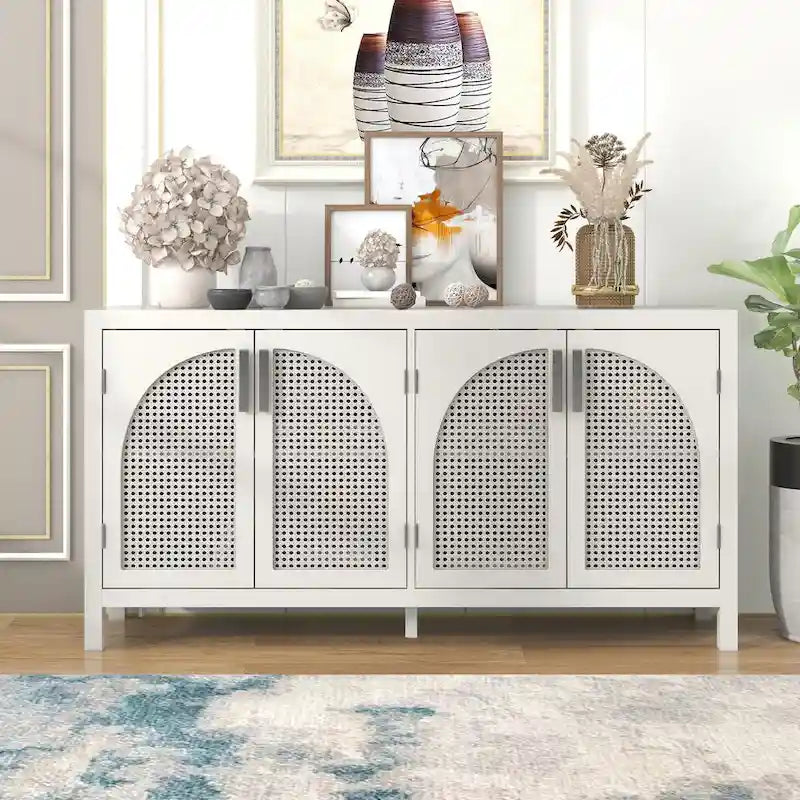 Sideboard with Artificial Rattan Door and Metal Handles for Living Room and Entryway