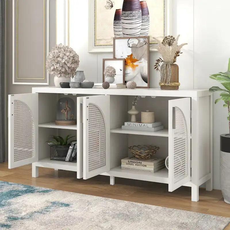Sideboard with Artificial Rattan Door and Metal Handles for Living Room and Entryway