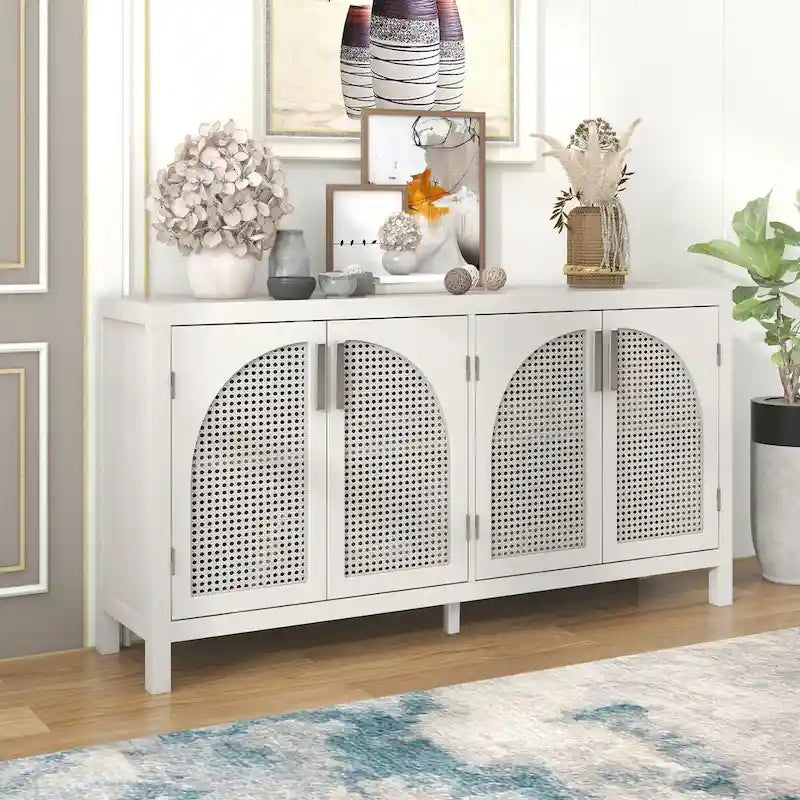 Sideboard with Artificial Rattan Door and Metal Handles for Living Room and Entryway