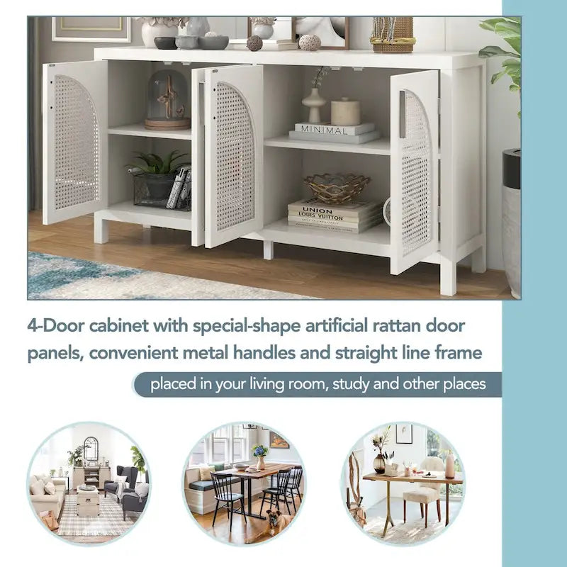 Sideboard with Artificial Rattan Door and Metal Handles for Living Room and Entryway