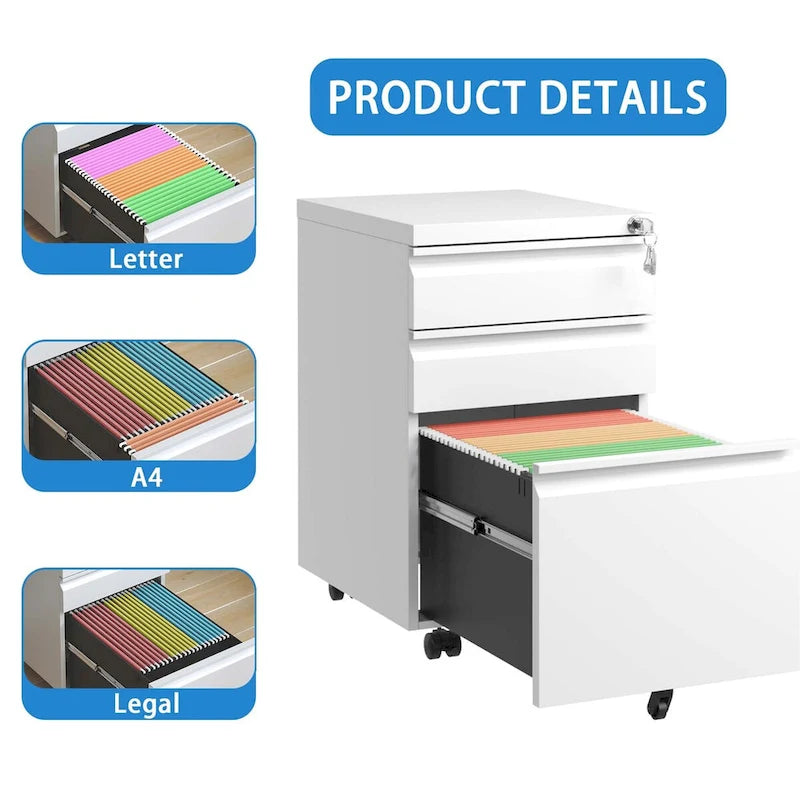 3 Drawer Mobile File Cabinet with Lock,Metal Filing Cabinets for Home Office Organizer Letters/Legal/A4,Fully Assembled