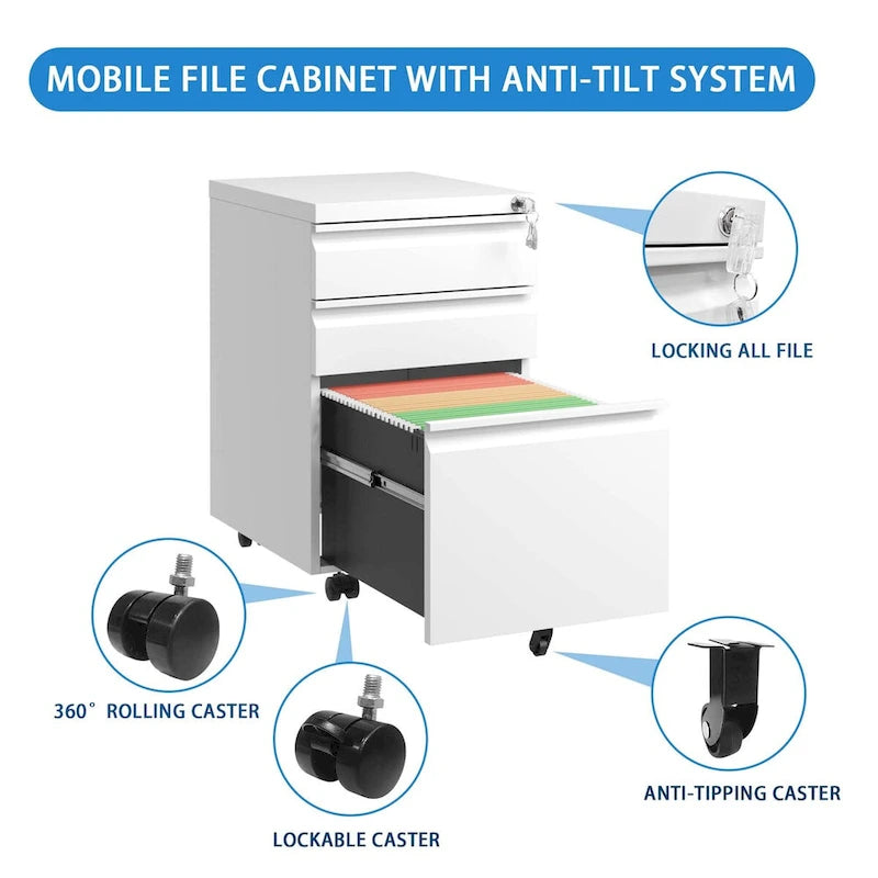 3 Drawer Mobile File Cabinet with Lock,Metal Filing Cabinets for Home Office Organizer Letters/Legal/A4,Fully Assembled