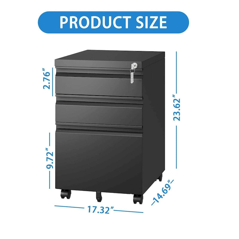 3 Drawer Mobile File Cabinet with Lock,Metal Filing Cabinets for Home Office Organizer Letters/Legal/A4,Fully Assembled
