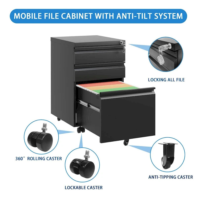3 Drawer Mobile File Cabinet with Lock,Metal Filing Cabinets for Home Office Organizer Letters/Legal/A4,Fully Assembled