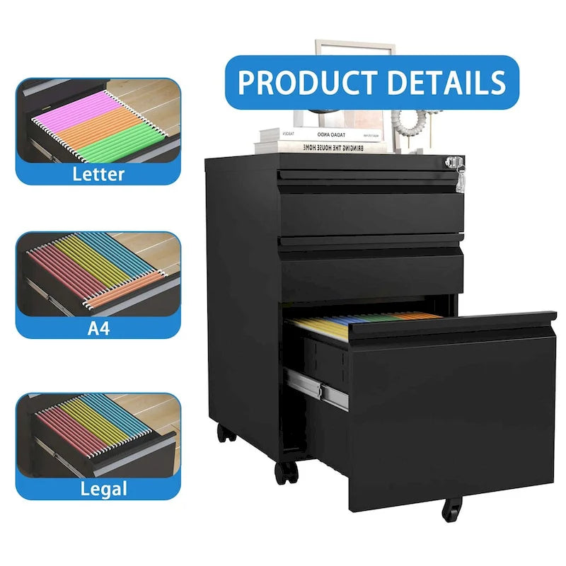 3 Drawer Mobile File Cabinet with Lock,Metal Filing Cabinets for Home Office Organizer Letters/Legal/A4,Fully Assembled
