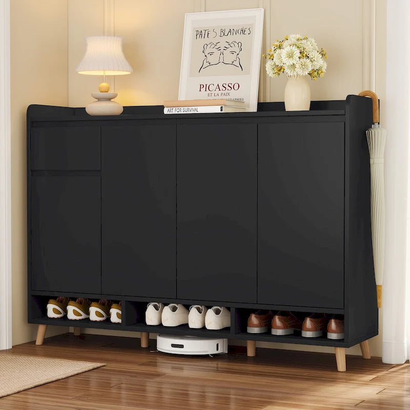 Adjustable Shelf Shoe Cabinet with Solid Wood Legs