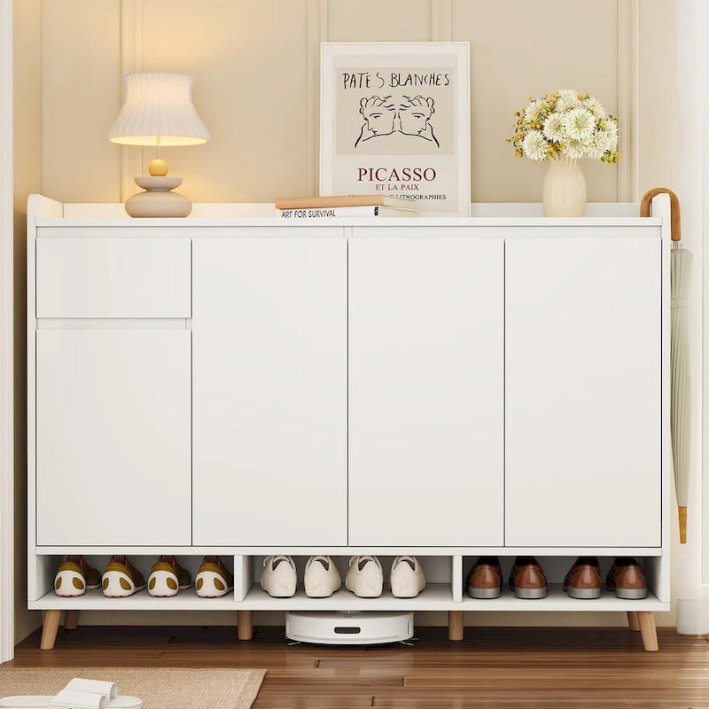Adjustable Shelf Shoe Cabinet with Solid Wood Legs