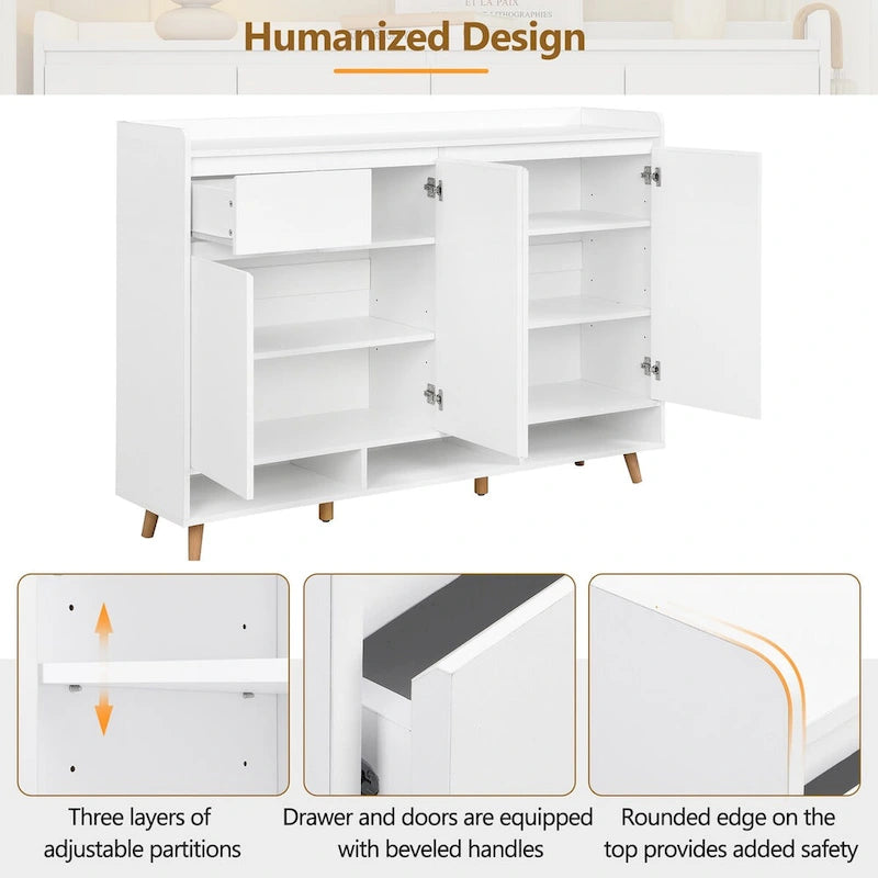 Adjustable Shelf Shoe Cabinet with Solid Wood Legs