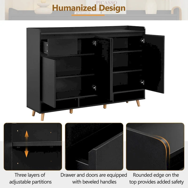 Adjustable Shelf Shoe Cabinet with Solid Wood Legs