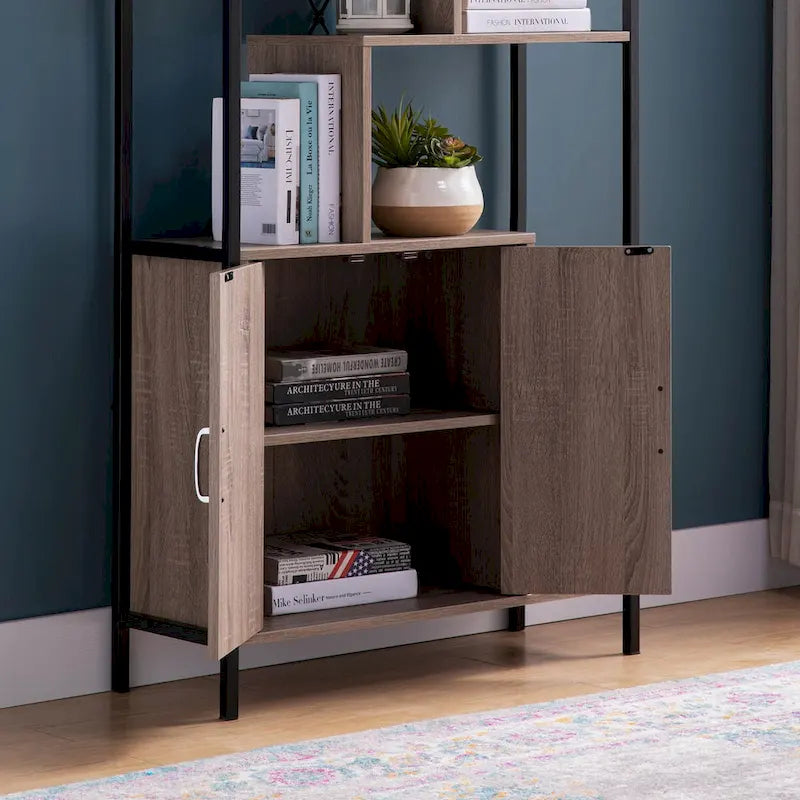 Six Shelf Modern Bookcase with Two Door Storage Cabinet with Two Shelves