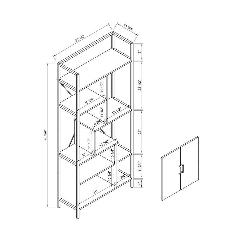 Six Shelf Modern Bookcase with Two Door Storage Cabinet with Two Shelves