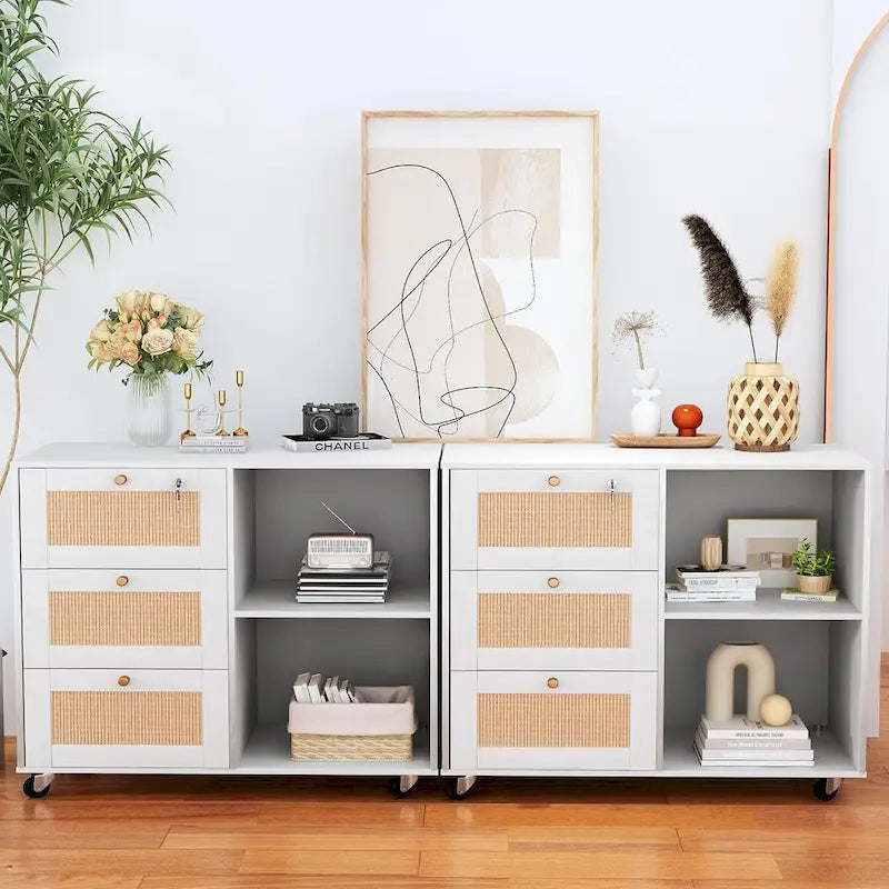 3-Drawer Filing Cabinet with Lock and Open Shelves