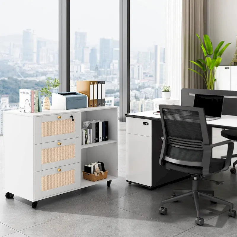 3-Drawer Filing Cabinet with Lock and Open Shelves