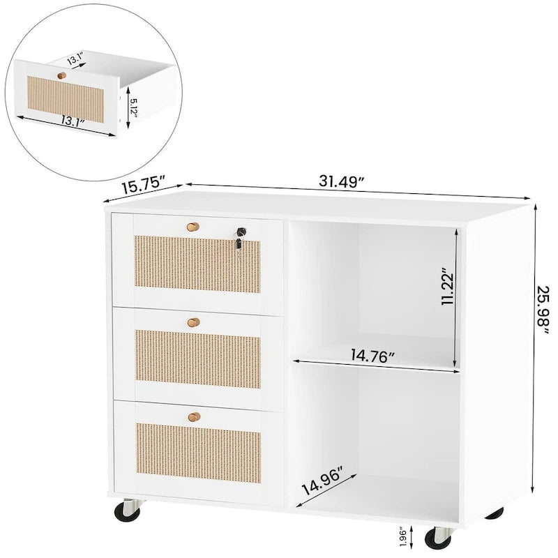3-Drawer Filing Cabinet with Lock and Open Shelves