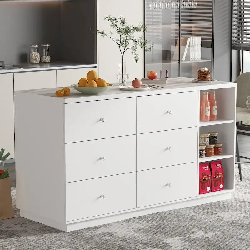 White Storage Sideboard with Six Drawers - 63 in