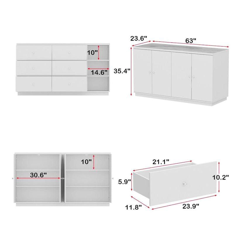 White Storage Sideboard with Six Drawers - 63 in