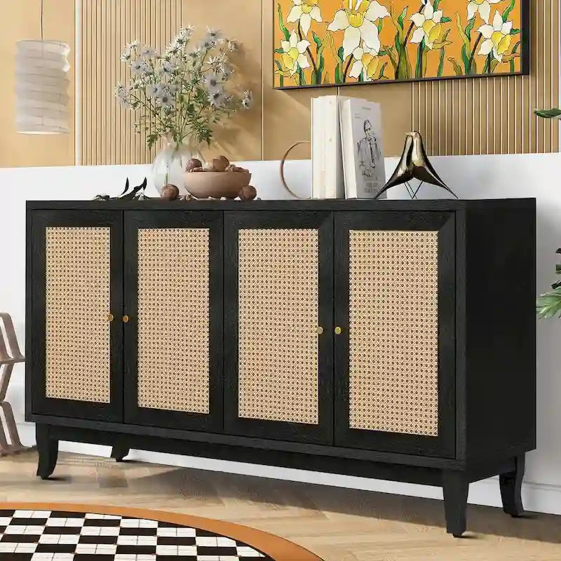 Wood and Rattan Two-Door Sideboard