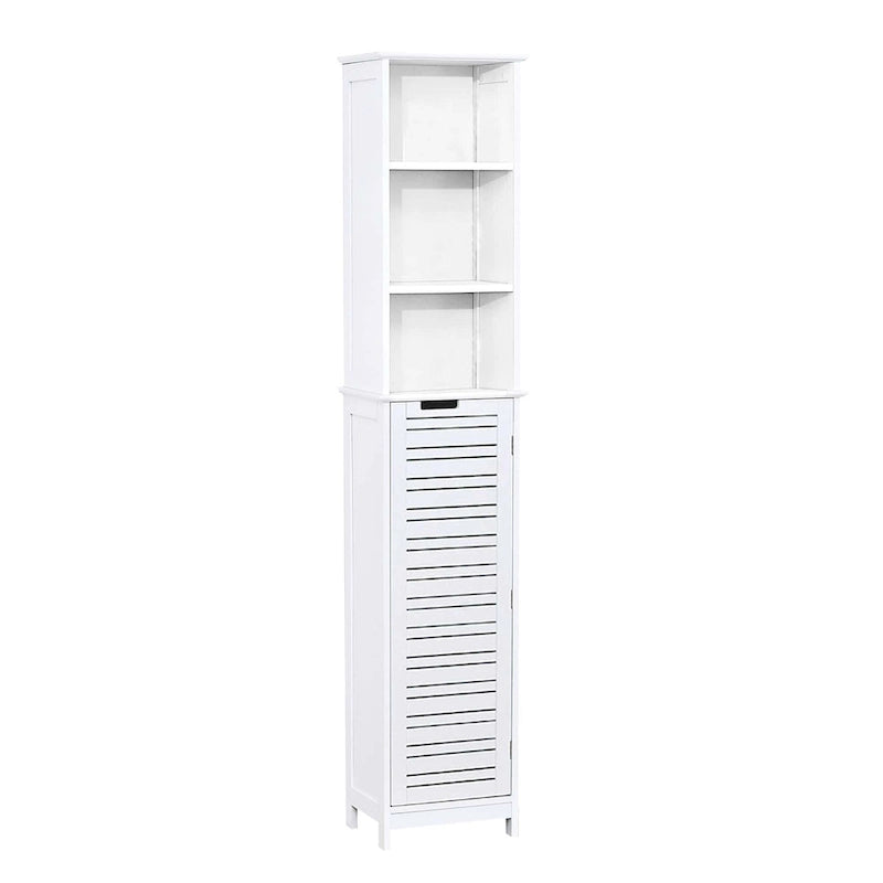 White Tall Bathroom Storage Cabinet - Slim Linen Tower, 13 7/8L x 10.4W x 68H