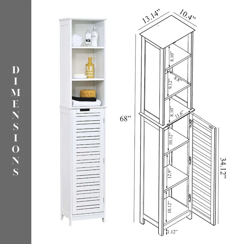 White Tall Bathroom Storage Cabinet - Slim Linen Tower, 13 7/8L x 10.4W x 68H