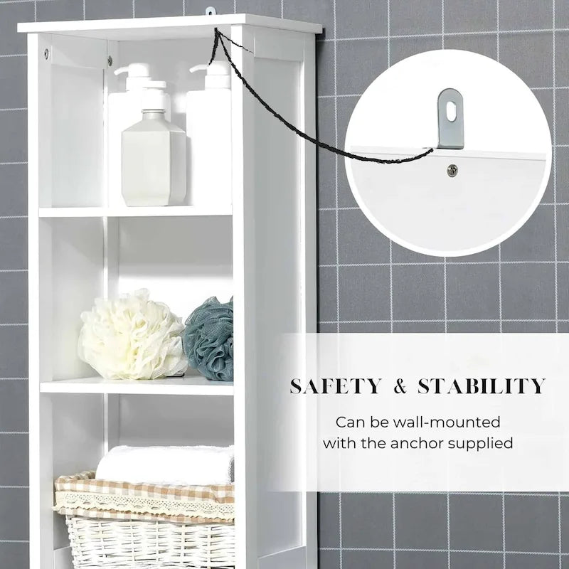 White Tall Bathroom Storage Cabinet - Slim Linen Tower, 13 7/8L x 10.4W x 68H