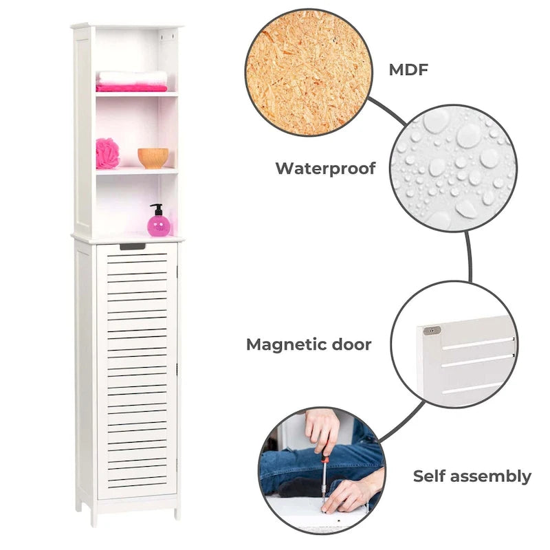 White Tall Bathroom Storage Cabinet - Slim Linen Tower, 13 7/8L x 10.4W x 68H