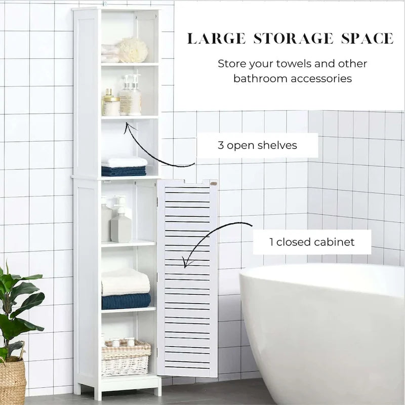 White Tall Bathroom Storage Cabinet - Slim Linen Tower, 13 7/8L x 10.4W x 68H