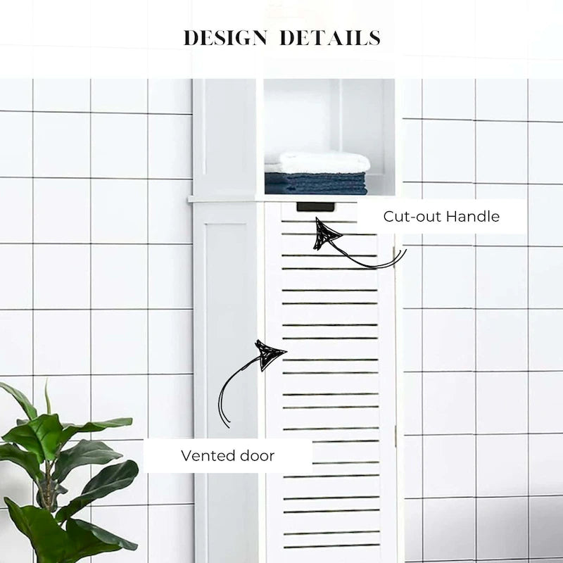 White Tall Bathroom Storage Cabinet - Slim Linen Tower, 13 7/8L x 10.4W x 68H