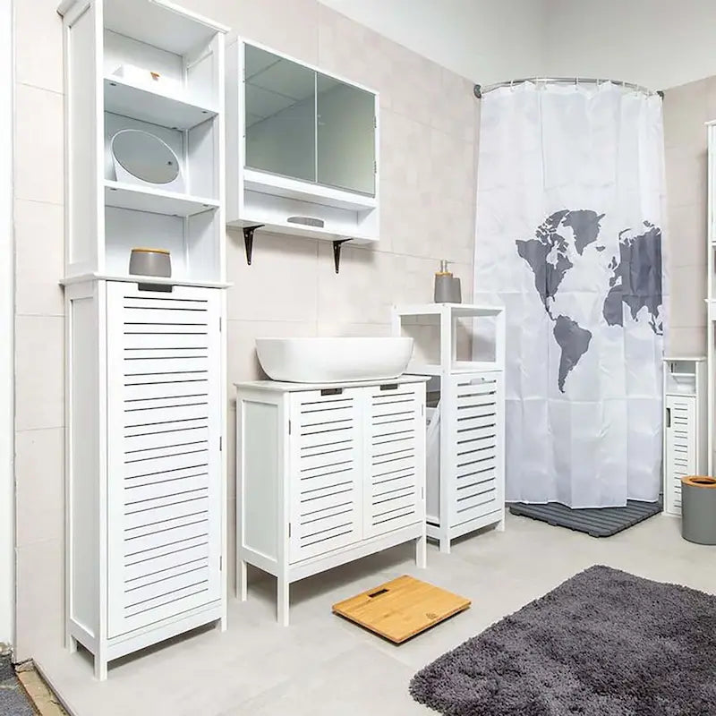 White Tall Bathroom Storage Cabinet - Slim Linen Tower, 13 7/8L x 10.4W x 68H