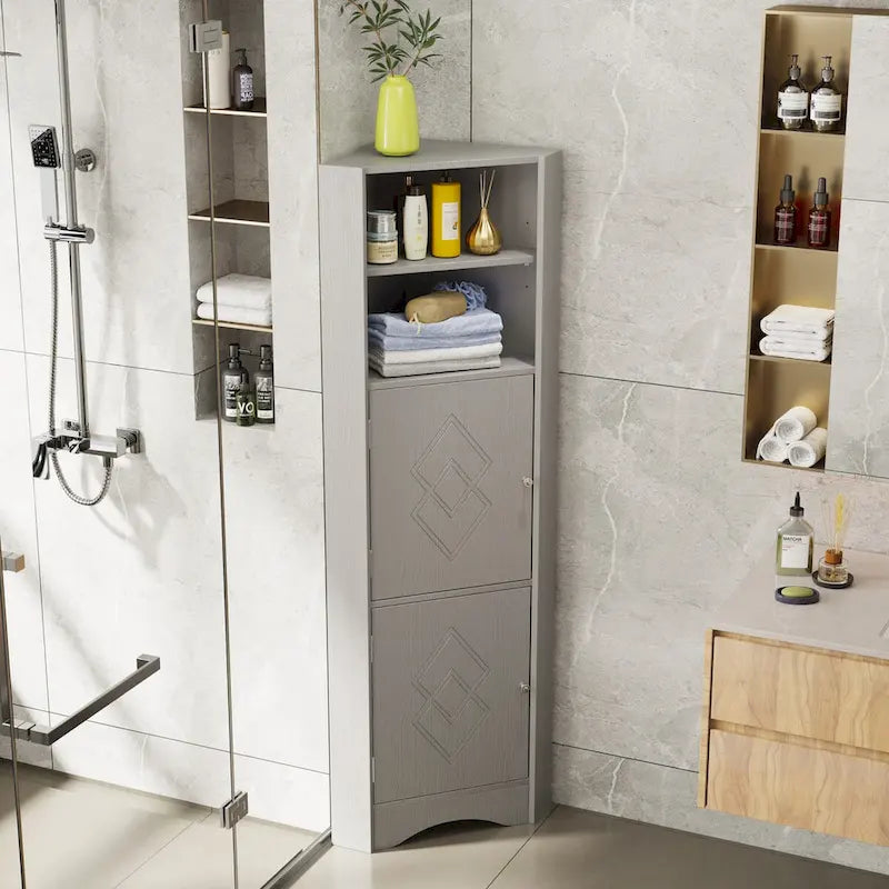 Corner Bathroom Cabinet with Doors and Adjustable Shelves