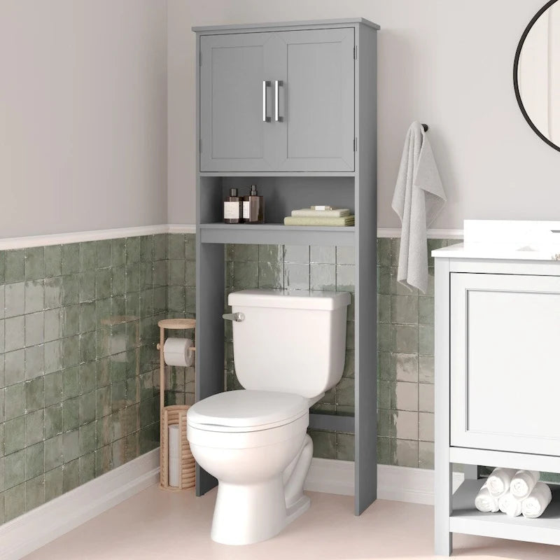 Gray Over-the-Toilet Bathroom Storage Cabinet with Shelves and Doors