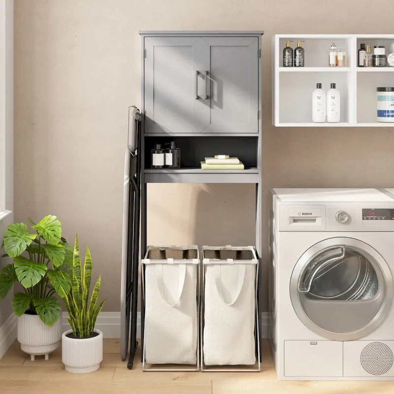 Gray Over-the-Toilet Bathroom Storage Cabinet with Shelves and Doors