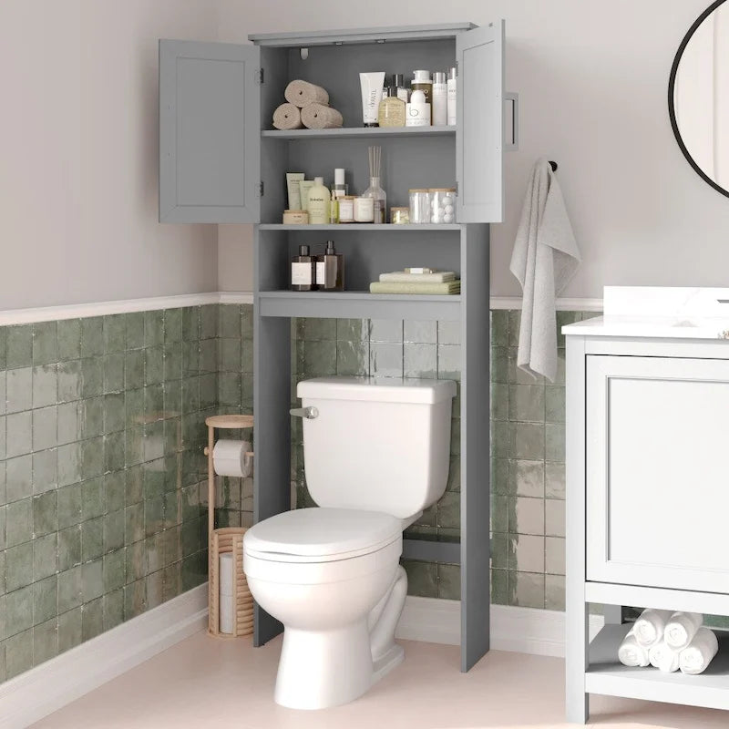 Gray Over-the-Toilet Bathroom Storage Cabinet with Shelves and Doors