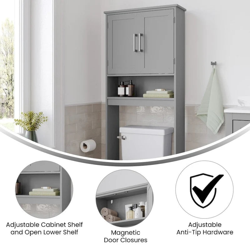 Gray Over-the-Toilet Bathroom Storage Cabinet with Shelves and Doors