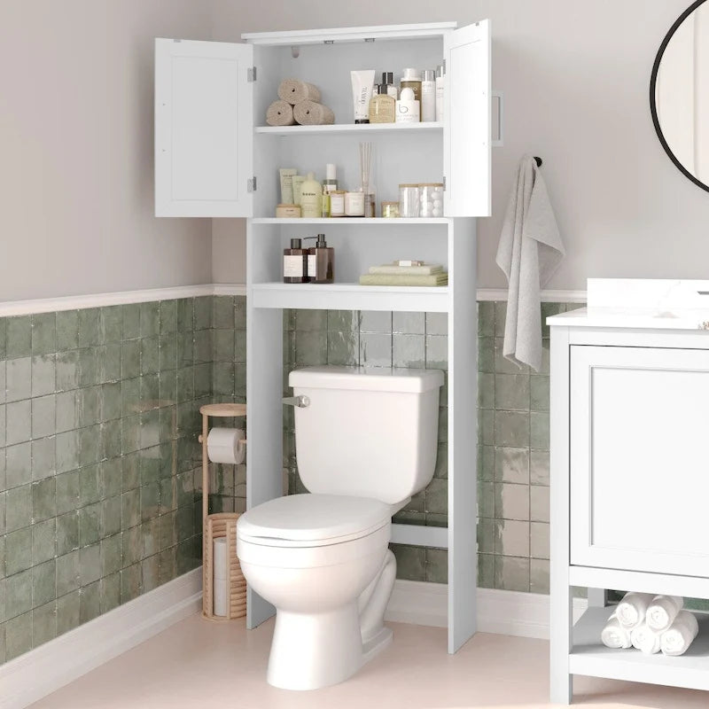 Gray Over-the-Toilet Bathroom Storage Cabinet with Shelves and Doors