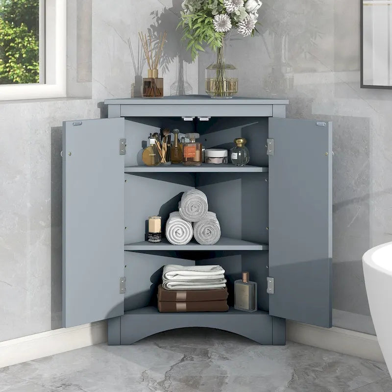 Corner Bathroom Storage Cabinet with Adjustable Shelves, Freestanding Floor Cabinet