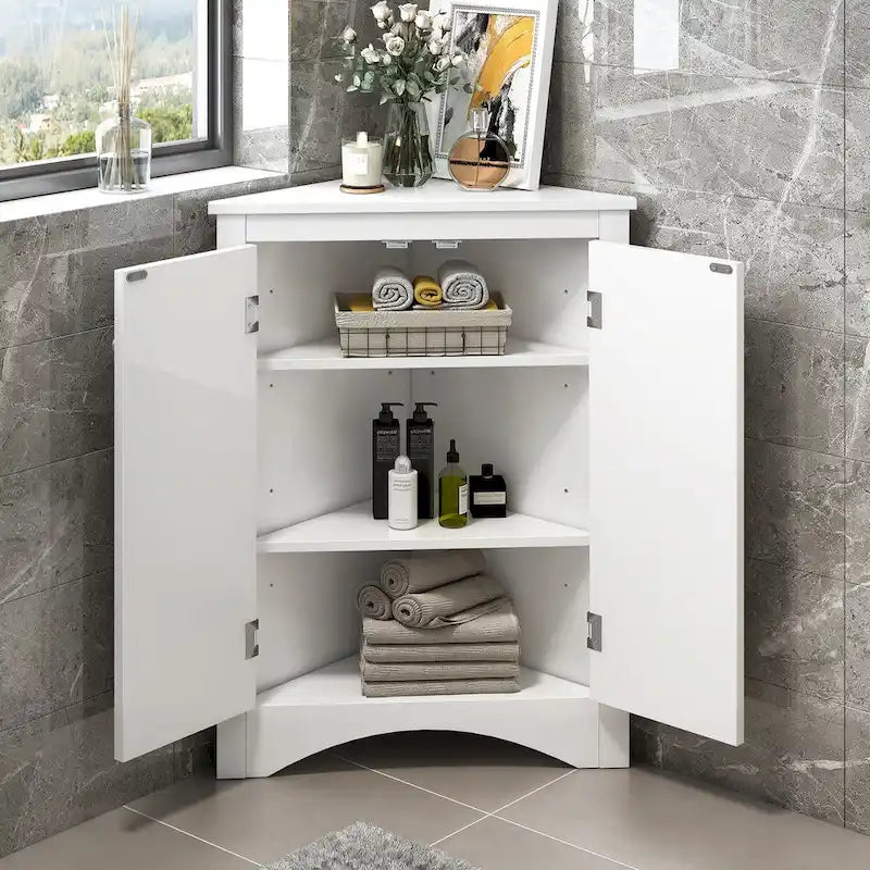 Corner Bathroom Storage Cabinet with Adjustable Shelves, Freestanding Floor Cabinet