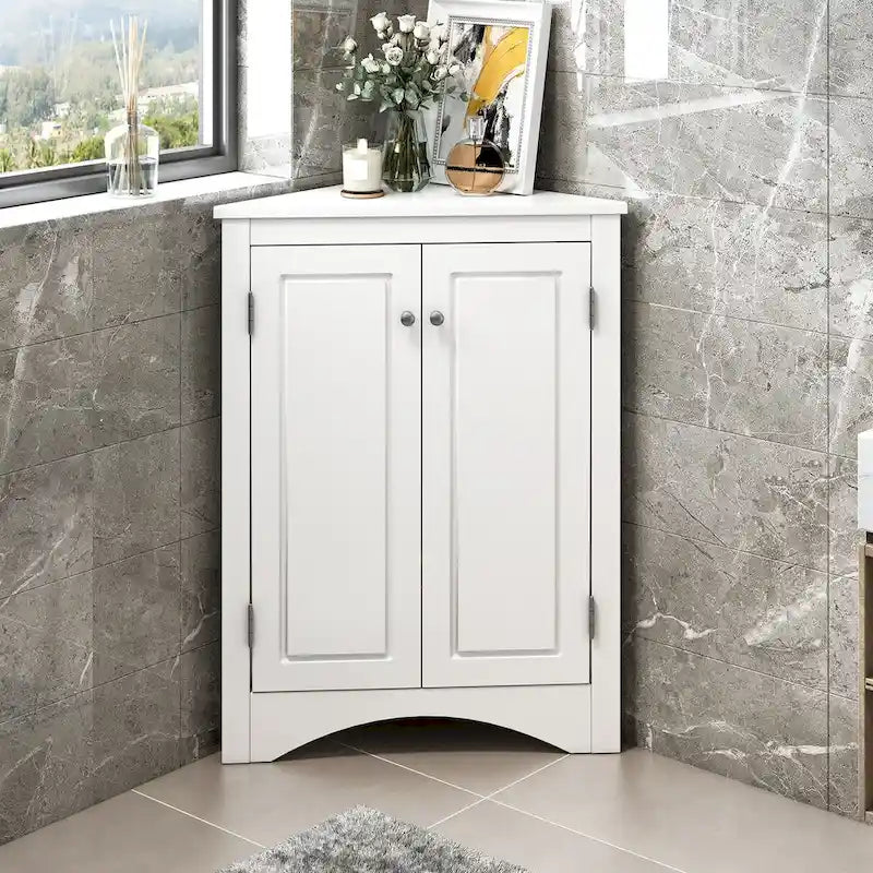 Corner Bathroom Storage Cabinet with Adjustable Shelves, Freestanding Floor Cabinet