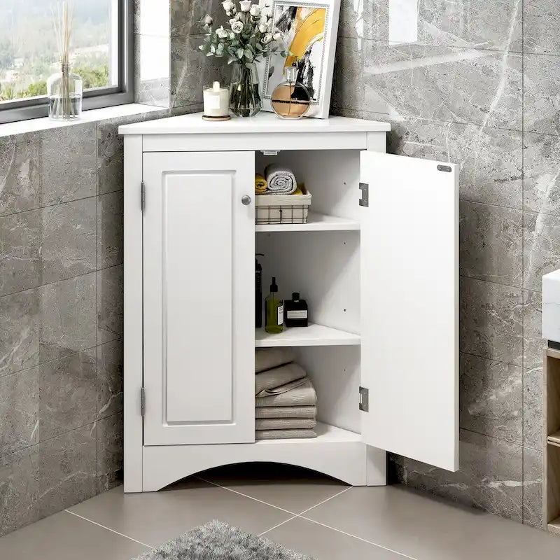 Corner Bathroom Storage Cabinet with Adjustable Shelves, Freestanding Floor Cabinet