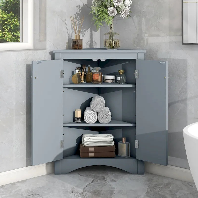 Corner Bathroom Storage Cabinet with Adjustable Shelves, Freestanding Floor Cabinet
