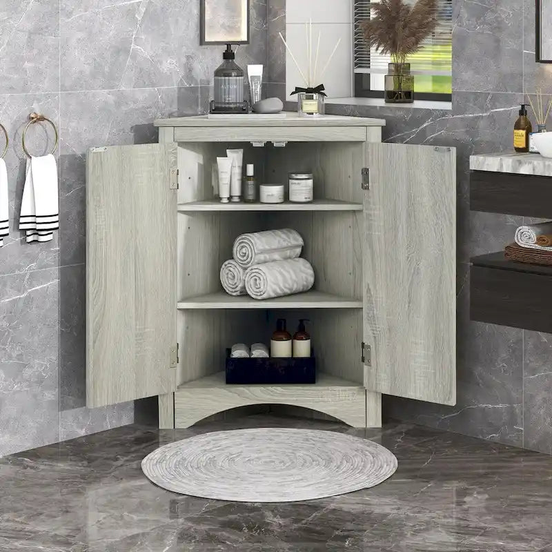 Corner Bathroom Storage Cabinet with Adjustable Shelves, Freestanding Floor Cabinet
