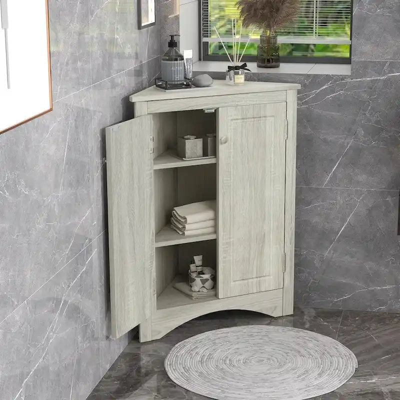 Corner Bathroom Storage Cabinet with Adjustable Shelves, Freestanding Floor Cabinet
