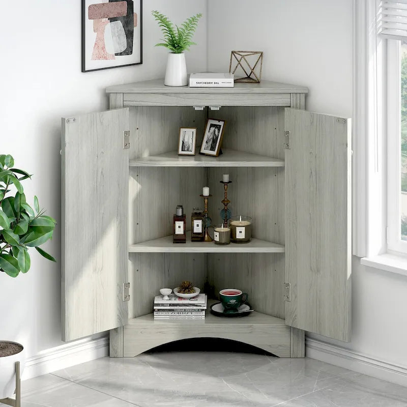 Corner Bathroom Storage Cabinet with Adjustable Shelves, Freestanding Floor Cabinet