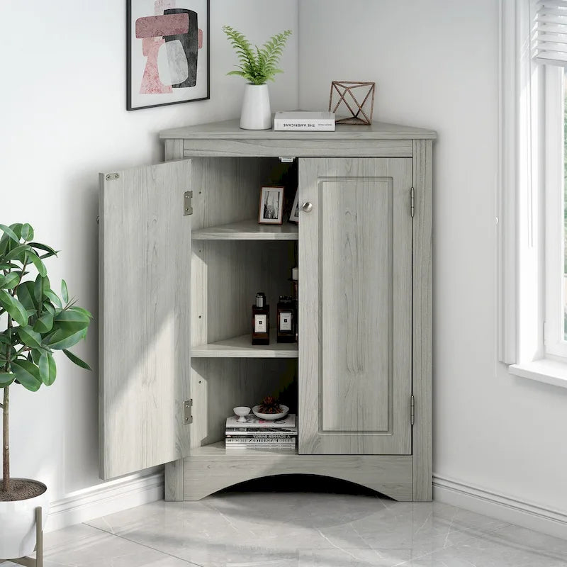 Corner Bathroom Storage Cabinet with Adjustable Shelves, Freestanding Floor Cabinet