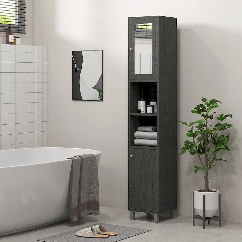kleankin Tall Bathroom Storage Cabinet with Mirror, Wooden Freestanding Tower Cabinet with Adjustable Shelves for Bathroom