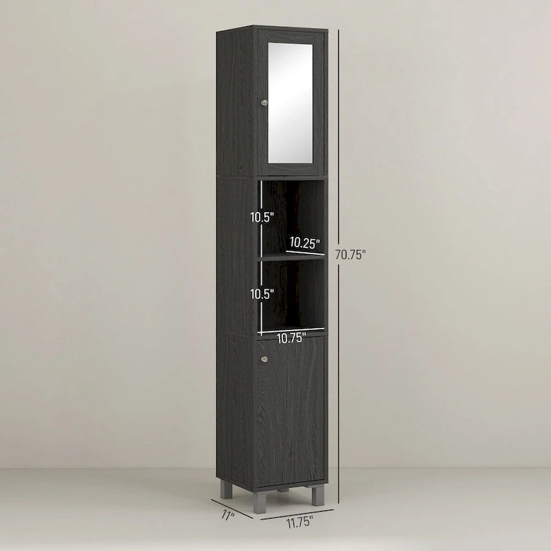 kleankin Tall Bathroom Storage Cabinet with Mirror, Wooden Freestanding Tower Cabinet with Adjustable Shelves for Bathroom