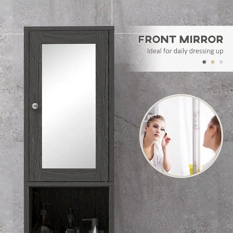 kleankin Tall Bathroom Storage Cabinet with Mirror, Wooden Freestanding Tower Cabinet with Adjustable Shelves for Bathroom